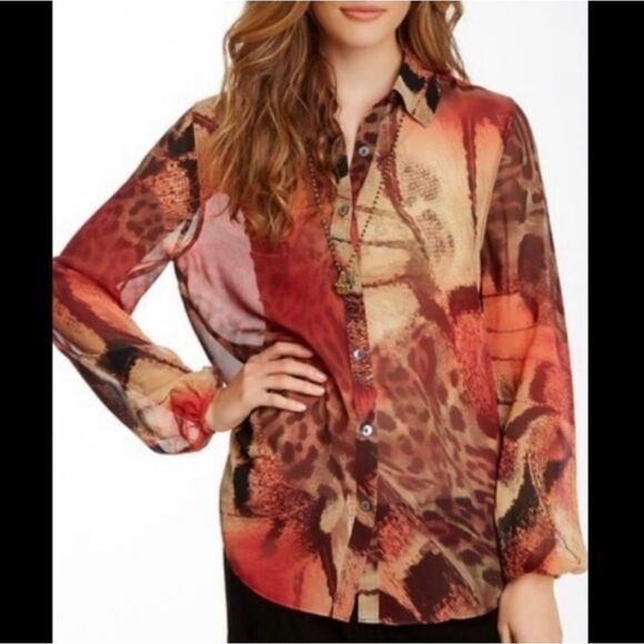 Da Nang Red & Brown Silk Flowy Button Down Long Sleeve Blouse Shirt Size XS - Picture 1 of 8